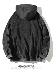 <b>Black</b> Acid Wash Oversized <b>Men</b> Hoodie Vintage Distressed Pullover Sweatshirt with Pocket for Streetwear - Product Image 3