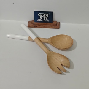 Premium Handmade Eco-Friendly Wooden Salad <b>Serving</b> Set with White Resin Handles Beech Wood Salad <b>Spoon</b> and Fork for Party Use - Product Image 4