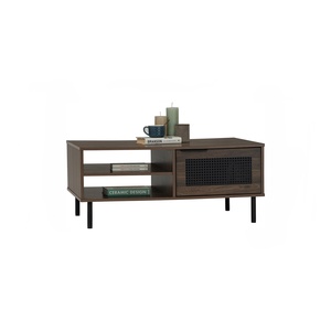 Minimalist <b>Walnut</b> Storage Center Coffee in Rattan Particle Board Center <b>Table</b> with Sturdy Metal Legs for Apartment Living - Product Image 3