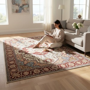 Tapis persan traditionnel tufté à la main, motif médaillon Heriz, rouge terre cuite, crème, bleu ciel, à poils ras, tapis oriental vintage - Product Image 1