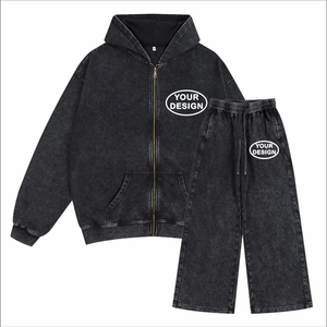 Conjunto de Sudadera con Capucha y Cremallera Rosa Lavado Unisex y Pantalones Anchos de Chándal, Estilo Urbano Minimalista, Ajuste Relajado, Logotipo Personalizado, Atuendo Casual de Dos Piezas a la Moda - Product Image 5