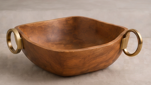 Bol de service moderne en bois de noyer carré avec poignées en laiton, vaisselle de luxe en bois de manguier - Product Image 3