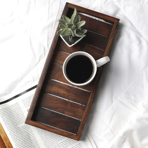 Élégant plateau ottoman rectangulaire en bois d'acacia fabriqué à la main avec poignées découpées pour le salon Table basse petit déjeuner affichage de bougies - Product Image 6