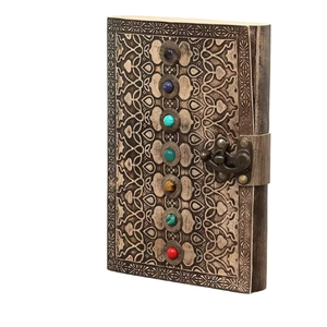 Carnet en cuir avec pierres précieuses, sept chakras, gaufré, fait main, pour notes, journal des ombres, poésie, croquis, bureau, université - Product Image 4
