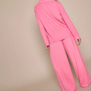 Conjunto de Pijama de Satén para Mujer, Manga Larga, Largo Completo, Clásico, Color Rosa Sólido, Dos Piezas, Tejido Suave, Cierre de Botones, Cintura Media - Product Image 3