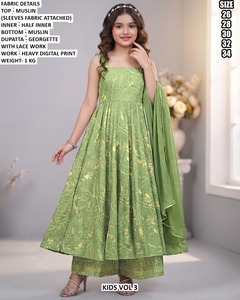 ชุดเดรสเด็กผู้หญิงปักลาย Bandhani ผ้ามัสลิน ทรง Salwar Kameez ยาวถึงพื้น ทรงปกติ แห้งเร็ว เหมาะสำหรับงานปาร์ตี้ สไตล์อินเดีย-ปากีสถาน รุ่น Vol 3 - Product Image 2