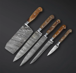 Juego de Cuchillos de Cocina Damasco con Logotipo Personalizado, 5 Piezas, Mango de Madera, Cuchillos de Cocina Premium, Calidad de Chef de Restaurante, Fabricante OEM - Product Image 1