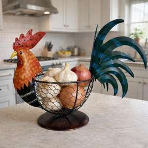 Colorful Rooster Fruit <b>Basket</b> Metal Chicken Kitchen Decor, Farmhouse Countertop Organizer, Rustic Wire <b>Egg</b> Holder, Country Style - Product Image 3