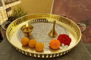 Round Gold Serving <b>Tray</b> with Handles Decorative Engraved Metal Tea Coffee <b>Snack</b> Serving Platter for Home Dining - Product Image 6