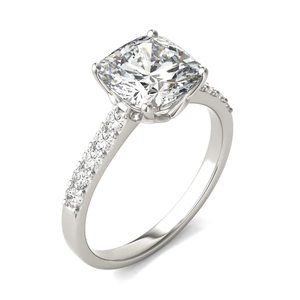 Bague de fiançailles élégante en or blanc massif 14K 18K avec diamant de laboratoire taille coussin et design demi-éternité, bague pavée, bague de mariée - Product Image 1