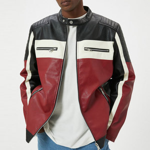 Men's Color Blocking PU Leather Moto Jacket Stand Collar Zipper Closure Regular Fit Autumn Wear Biker <b>Coat</b> - Product Image 2