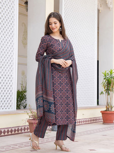 Traditional Printed Blue Cotton <b>Kurta</b> Set Dupatta <b>Women</b> Casual Wear India Pakistan Style Regular Fit Midi Length Quick Dry - Product Image 3