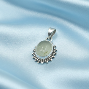 Unique Prehnite Gemstone Oval Pendant 925 Sterling <b>Silver</b> Handmade <b>Beaded</b> Frame Rose Gold Yellow Gold Plated Jewelry for Unisex - Product Image 1