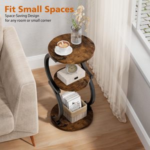 Rustic Wood and Metal Round Side <b>Table</b> 3-Layer <b>Storage</b> Shelf for Home Decor - Product Image 4