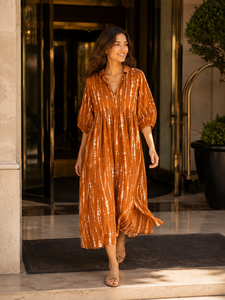 Vestido de Fiesta Marrón para Mujer, Estilo Bohemio, Tie Dye, 100% Algodón, Largo hasta el Suelo, Cuello en V, Manga Abullonada, Corte Moderno - Product Image 5