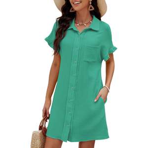 2025 Vestido camisero de algodón con botones de verano para mujer, cubierta de playa con mangas informales con volantes y bolsillos, diseño estampado - Product Image 4