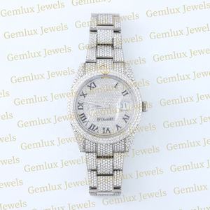 Testeur de diamant de qualité supérieure Cadran romain blanc complet D VVS Entièrement glacé Moissanite Diamant Date automatique Montre Hip Hop - Product Image 1