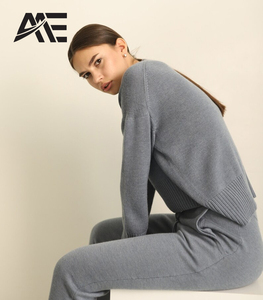 Vente en gros de pulls décontractés en tricot gris surdimensionnés pour femmes, personnalisables, avec pantalon à cordon de serrage, fabricant - Product Image 4