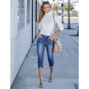 Luvamia กางเกงยีนส์ขาสั้นเอวสูงสำหรับผู้หญิง, กางเกงคาปรีผ้ายีนส์ยืดเอวสูงมีกระเป๋าไซส์ XL ระบายอากาศได้ดีดีไซน์ - Product Image 2