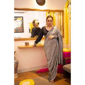 Vestido Sari Indio para Mujer, Diseño Moderno, Color Negro Metálico, Pantalones Ajustados Elásticos, Ropa Elegante Estilo Sari, Lavado a Mano - Product Image 3