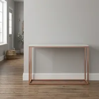 Table console moderne avec plateau en marbre et structure en métal, design minimaliste, meuble de couloir, table basse