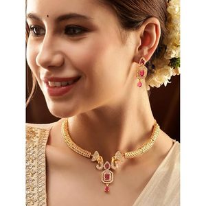 Gold Plated Zinc Alloy Necklace Earring Headpiece <b>Set</b> Imitation <b>Pearl</b> Geometric Design for Women Wedding Bridal <b>Jewelry</b> Classic - Product Image 1