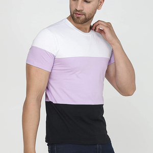T-shirt pour homme à blocs de couleur, manches courtes, col rond, coupe classique, tricoté, blanc uni sur noir, 100% coton - Product Image 3