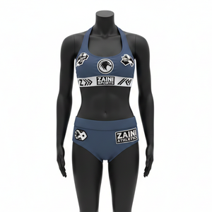 Ensemble de bikini pour femme en nylon et élasthanne, séchage rapide, bleu et blanc, blocs de couleur, logo personnalisé par transfert thermique pour ensemble de bikini - Product Image 6