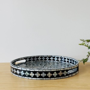 Plateau de service rond en nacre noire avec incrustation florale en bois laqué, plateau décoratif en nacre, plateau ottoman, plateau à café - Product Image 6