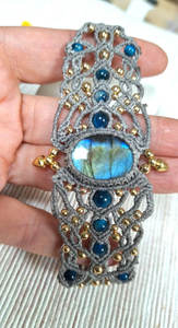 Handmade Rhodium Gray Macrame Labradorite <b>Bracelet</b> Boho Blue Crystal Bead Woven <b>Cuff</b> Healing Stone Statement Jewelry Gift for - Product Image 6