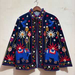Personalized Unisex <b>Gift</b> Velvet Blue Suzani <b>Elephant</b> Embroidered Jacket Bohemian Reversible Coat Winter Floral Outerwear - Product Image 1