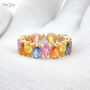 Anillo de Eternidad Completo con Gemas de Zafiro Multicolor en Corte Pera de 6x4mm, Oro Amarillo Sólido de 14k, para Aniversario de Bodas, Producto de Moda - Product Image 1