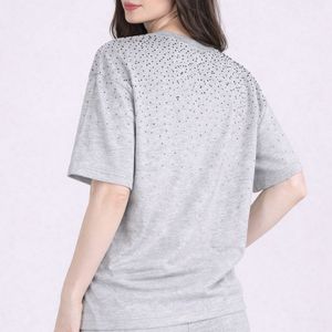 Women's Gray Dot <b>Sequined</b> Crew Neck <b>T</b>-<b>Shirt</b> Loose Fit Short Sleeve Casual Knitted All Seasons Wear - Product Image 2