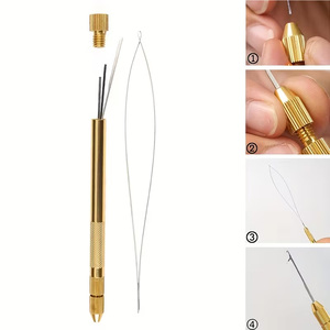 Gold Brass Micro Ring Hair Extension <b>Threader</b> <b>Needle</b> Set Pulling Hook Tool Inner Storage Handle Hairdressing Supply Factory - Product Image 1