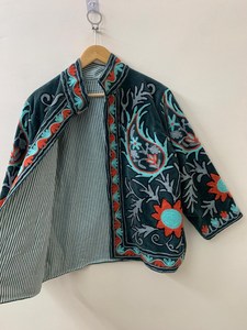Handcrafted <b>Women</b> Floral Embroidered Dark Green Velvet <b>Jacket</b> Suzani Paisley Motif Front Open Short Coat Boho Cardigan Outerwear - Product Image 4