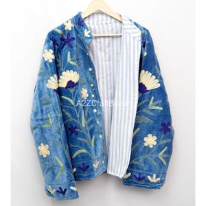 Chaqueta Varsity Azul Terciopelo con Bordado Floral, Ecológica, Transpirable, Cuello Mao, Manga Larga, Estilo Prairie Chic para Mujer - Product Image 3