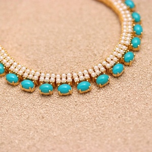 Turquoise and Pearl <b>Necklace</b> Set Oval Gemstone 22K Gold Plated Brass Adjustable Bridal Jewelry for Women - Product Image 2