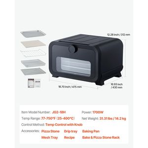 เตาอบพิซซ่าไฟฟ้าในบ้านขนาด 12 นิ้ว ควบคุมด้วยปุ่มอัจฉริยะ 8 โปรแกรมตั้งค่าล่วงหน้า พร้อมฟังก์ชั่นทอดแบบลมร้อน อุณหภูมิสูงสุด 750 องศาฟาเรนไฮต์ สำหรับพิซซ่า - Product Image 1