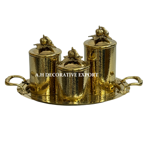 Ensemble de 3 boîtes à thé en laiton martelé doré de luxe avec plateau de service, pots de rangement décoratifs pour le sucre, le café et le thé - Product Image 1
