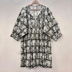 Vestido Casual Midi para Mujer, Tejido 100% Algodón, Liso, Manga Corta, Cintura Imperio, Estilo Babydoll, Cuello en V, Holgado, Funcional - Product Image 4