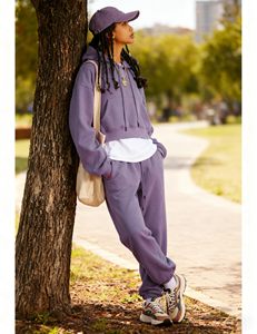 Conjunto de dos piezas de sudadera con capucha y cremallera para mujer, de algodón, estilo casual deportivo urbano, abrigo corto de ajuste holgado - Product Image 5