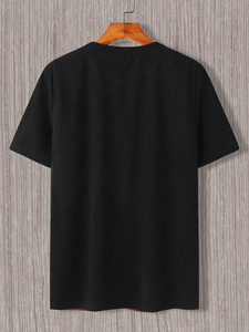 Men's Short Sleeve O-Neck Knitted T-Shirt Color Blocked Contrast Trim Regular Fit Casual Solid <b>Black</b> and Gray Cotton <b>Top</b> - Product Image 6