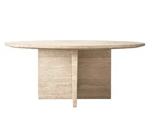 Natural cave stone dining table modern light luxury high end villa Travertine marble round dining table dining room furniture