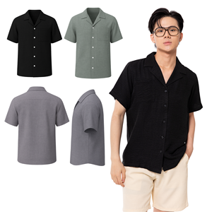 Camisas casuales de hombre de lino/algodón con estampado dobby, de secado rápido, manga corta, cuello en V, un solo botón, venta al por mayor OEM, personalizadas - Product Image 1