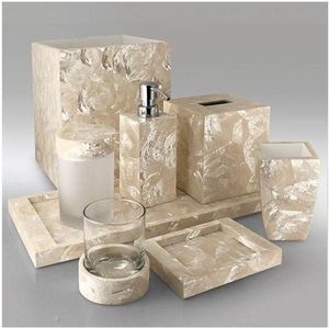 Resin Faux Stone Bathroom Accessory Set 4 Piece Countertop Toiletry Organizer Dispenser <b>Toothbrush</b> <b>Holder</b> Tray For Hotel Use - Product Image 6