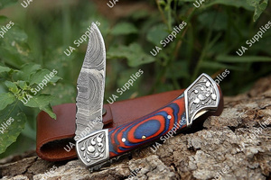 Couteau de poche pliant à lame pointue en acier Damas, manche en bois Pakka gravé à la main, ultra-affûté, mini EDC, ODM, OEM - Product Image 5