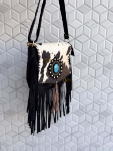 New Arrival Suede Leather Fringe Handbag Western Hair On Hide Cross Body Gems Stone Women Sling <b>Unique</b> Designer Purse - Product Image 2