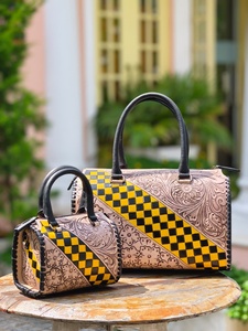 Beautiful Attractive Hand Tooled Florals Carved With Yellow Black Color Checkered Pattern 100% Genuine Leather Speedy Duffle Bag - Product Image 4