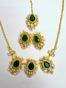Classic 18K Gold Plated Green <b>Boho</b> <b>Necklace</b> Set with Statement Stud Earrings and Maangtika Wholesale Set Customization available - Product Image 1