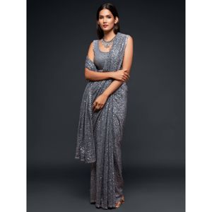 Increíble gris pizarra con lentejuelas Georgette Party Wear Saree - Product Image 4
